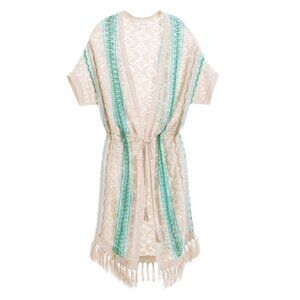 Chico's Women's Beige Teal M Linen Duster Cardigan Fringe Trim Cap Sleeve Size 1